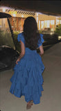 Sapphire Blue V-neck Sleeveless Ruffled Layered A-line Prom Dress Evening Dress HZ1024