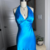 Vintage Blue V-neck Halter Satin Backless Mermaid Tea Length Prom Dress Evening Dress HZ1024