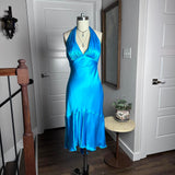 Vintage Blue V-neck Halter Satin Backless Mermaid Tea Length Prom Dress Evening Dress HZ1024