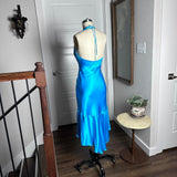 Vintage Blue V-neck Halter Satin Backless Mermaid Tea Length Prom Dress Evening Dress HZ1024