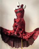 Beautiful Burgundy Spaghetti Strap 3D Rosette Detachable Flounce Sleeves Design Satin Prom Dress Evening Dress HZ1024