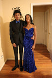 Shiny Sapphire Blue Sweetheart Neck Strapless Sequin Slit Prom Dress Evening Dress HZ1024