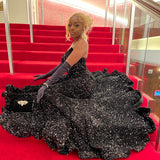 Shiny Black Off Shoulder Sleeveless Sequin Mermaid Floor-Mounting Prom Dress Evening Dress Without Gloves HZ1024