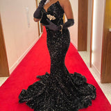 Shiny Black Off Shoulder Sleeveless Sequin Mermaid Floor-Mounting Prom Dress Evening Dress Without Gloves HZ1024