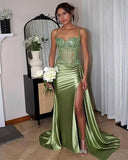 Simple Green Satin Strapless Slit Sequin Mermaid Prom Dress Evening Dress HZ1024