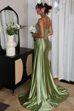 Simple Green Satin Strapless Slit Sequin Mermaid Prom Dress Evening Dress HZ1024
