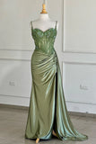 Simple Green Satin Strapless Slit Sequin Mermaid Prom Dress Evening Dress HZ1024