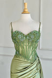 Simple Green Satin Strapless Slit Sequin Mermaid Prom Dress Evening Dress HZ1024