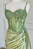Simple Green Satin Strapless Slit Sequin Mermaid Prom Dress Evening Dress HZ1024