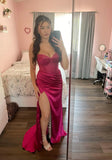 Beautiful Hot Pink Strapless Sweetheart Neck Slit Satin Floor Length Prom Dress Evening Gown HZ1024