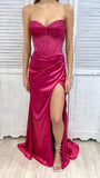 Beautiful Hot Pink Strapless Sweetheart Neck Slit Satin Floor Length Prom Dress Evening Gown HZ1024