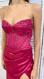 Beautiful Hot Pink Strapless Sweetheart Neck Slit Satin Floor Length Prom Dress Evening Gown HZ1024