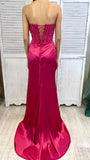 Beautiful Hot Pink Strapless Sweetheart Neck Slit Satin Floor Length Prom Dress Evening Gown HZ1024