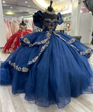 Gorgeous Navy Blue Princess Dress Off-the-shoulder A-Line Embroidered Design Prom Dress Evening Gown HZ1024