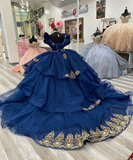 Gorgeous Navy Blue Princess Dress Off-the-shoulder A-Line Embroidered Design Prom Dress Evening Gown HZ1024