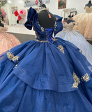 Gorgeous Navy Blue Princess Dress Off-the-shoulder A-Line Embroidered Design Prom Dress Evening Gown HZ1024