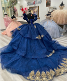 Gorgeous Navy Blue Princess Dress Off-the-shoulder A-Line Embroidered Design Prom Dress Evening Gown HZ1024