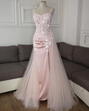 Shiny Pink Sequin Sweetheart Neck Off-the-shoulder Satin Slit Tulle Mermaid Prom Dress Evening Dress HZ1024