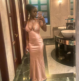 Sexy Pink Halter Neck Low Cut Satin Mermaid Long Prom Dress Evening Dress HZ1024