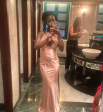 Sexy Pink Halter Neck Low Cut Satin Mermaid Long Prom Dress Evening Dress HZ1024