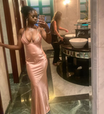 Sexy Pink Halter Neck Low Cut Satin Mermaid Long Prom Dress Evening Dress HZ1024