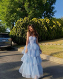 Elegant Blue Strapless Sleeveless Tulle Layered A-Line Long Prom Dress Evening Dress HZ1024