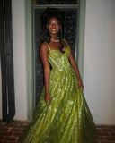Shiny Green Strapless A-Line Long Prom Dress Evening Dress HZ1024
