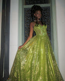 Shiny Green Strapless A-Line Long Prom Dress Evening Dress HZ1024