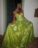Shiny Green Strapless A-Line Long Prom Dress Evening Dress HZ1024