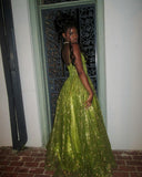 Shiny Green Strapless A-Line Long Prom Dress Evening Dress HZ1024