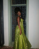 Shiny Green Strapless A-Line Long Prom Dress Evening Dress HZ1024