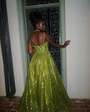 Shiny Green Strapless A-Line Long Prom Dress Evening Dress HZ1024