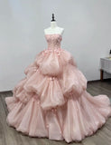 Pretty Pink Strapless A-Line 3D Flower Tulle A-Line Wedding Dress Evening Gown HZ1024