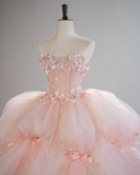 Pretty Pink Strapless A-Line 3D Flower Tulle A-Line Wedding Dress Evening Gown HZ1024