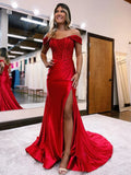 Mermaid Off Shoulder Satin Lace Long Prom Dress, Formal Evening Dress HZ1024
