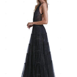 Black A-line tulle long prom dress black tulle formal party dress HZ1024