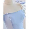 Blue Short Sleeve Saitn Formal Evening Dress, Cute A-Line Junior Prom Dress HZ1024