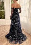 A-Line Tulle Dark Blue Long Prom Dress, Dark Blue Formal Dress HZ1024