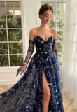 A-Line Tulle Dark Blue Long Prom Dress, Dark Blue Formal Dress HZ1024