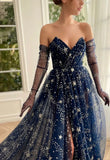 A-Line Tulle Dark Blue Long Prom Dress, Dark Blue Formal Dress HZ1024