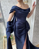AMAZING LONG NAVY OFF-THE-SHOULDER MERMAID EVENING PARTY GOWNS LONG SLIT HZ1024