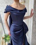 AMAZING LONG NAVY OFF-THE-SHOULDER MERMAID EVENING PARTY GOWNS LONG SLIT HZ1024