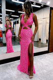 Hot Pink Sequin Cross-Front Cutout Long Prom Dress with Slit HZ1024