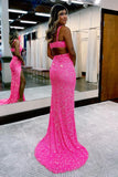 Hot Pink Sequin Cross-Front Cutout Long Prom Dress with Slit HZ1024
