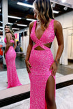 Hot Pink Sequin Cross-Front Cutout Long Prom Dress with Slit HZ1024
