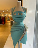 Fashion Tiffany Blue Pearl Decoration Design Tight Short Halter Homecoming Dress HZ1024