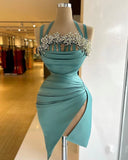 Fashion Tiffany Blue Pearl Decoration Design Tight Short Halter Homecoming Dress HZ1024