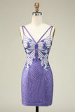 Charming Sheath Spaghetti Straps Purple Sequins Design A-line Homecoming Dress HZ1024