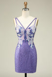 Charming Sheath Spaghetti Straps Purple Sequins Design A-line Homecoming Dress HZ1024
