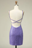 Charming Sheath Spaghetti Straps Purple Sequins Design A-line Homecoming Dress HZ1024